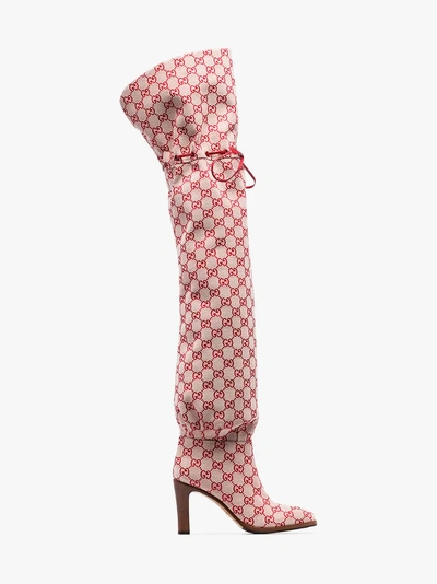 Gucci Leather-trimmed Logo-jacquard Over-the-knee Boots In Red Multi |  ModeSens