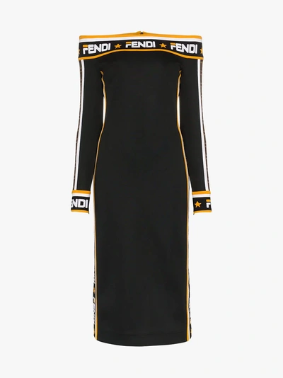 Fendi Abito Off The Shoulder Logo Trim Midi Dress In F0gme-black | ModeSens