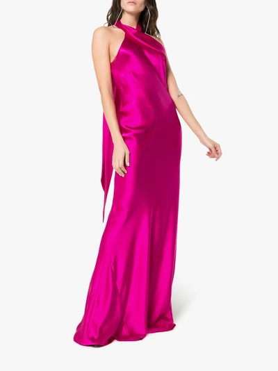 Shop Galvan Halterneck Silk Maxi Dress In Fuchsia