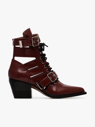 Shop Chloé Burgundy Reilly 60 Buckle Embellished Ankle Boots