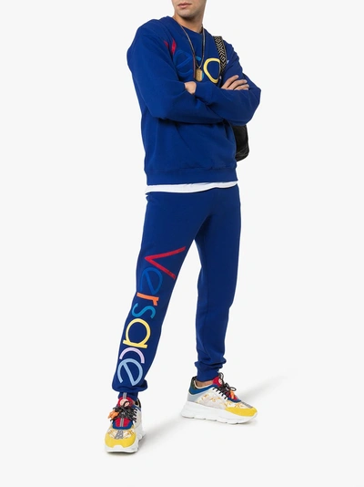 Shop Versace Blue Logo Embroidered Jumper In A124 Blue