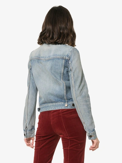 Shop Saint Laurent Button Up Cropped Denim Jacket In Blue