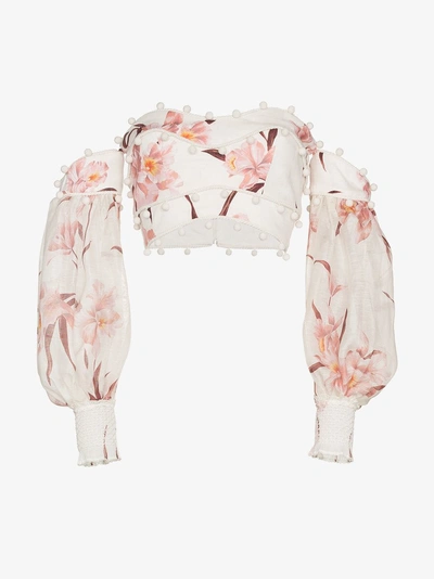 Shop Zimmermann Corsage Bauble Floral Print Off Shoulder Linen Top In Ivory/peach Orchid