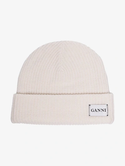Shop Ganni White Knitted Ribbed Wool Blend Beanie In 135 Egret