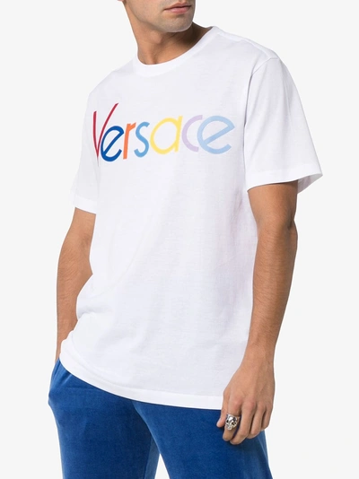 Shop Versace Embroidered Logo T-shirt In A001 White