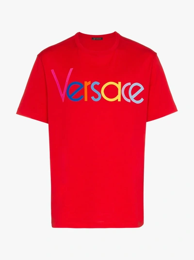 Shop Versace Embroidered Logo T-shirt In A041 Red