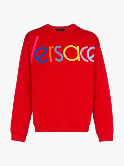 Shop Versace Red Logo Embroidered Jumper In A041 Red