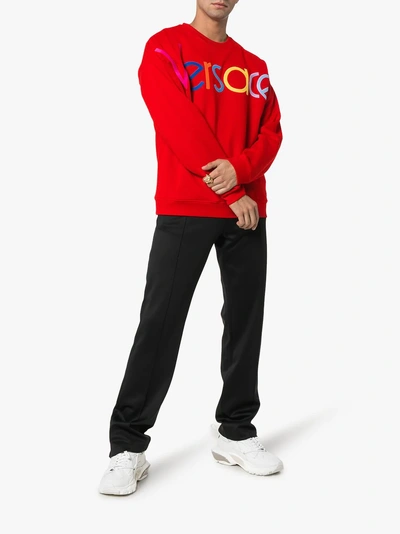 Shop Versace Red Logo Embroidered Jumper In A041 Red