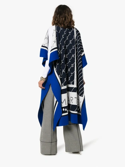 Shop Stella Mccartney Logo Knitted Cotton Blend Poncho In 8491 Blue White