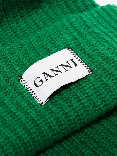 Shop Ganni Green Knit Logo Beanie In 807 Juniper