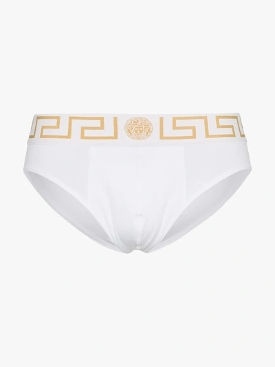 Shop Versace Gold Trim Logo Briefs In 114 - White