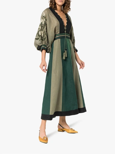 Shop Vita Kin Celia V-neck Puff Sleeve Linen Dress In Green