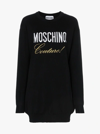 Shop Moschino Embroidered Logo Wool Dress In 1555  Black