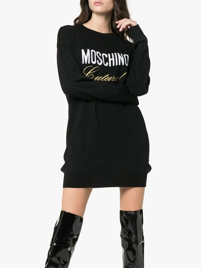 Shop Moschino Embroidered Logo Wool Dress In 1555  Black