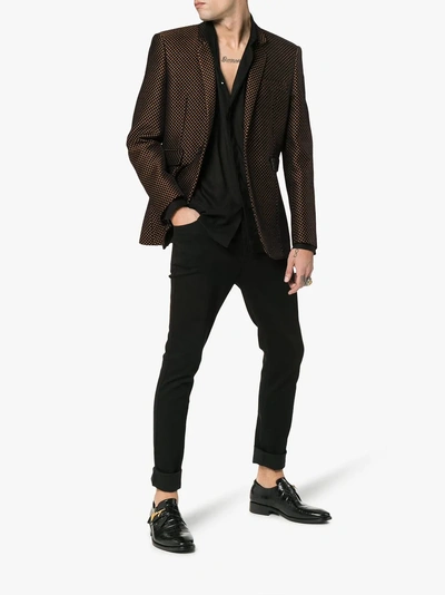 Shop Saint Laurent Velvet Gold Detail Blazer In 2666 -caramel Black