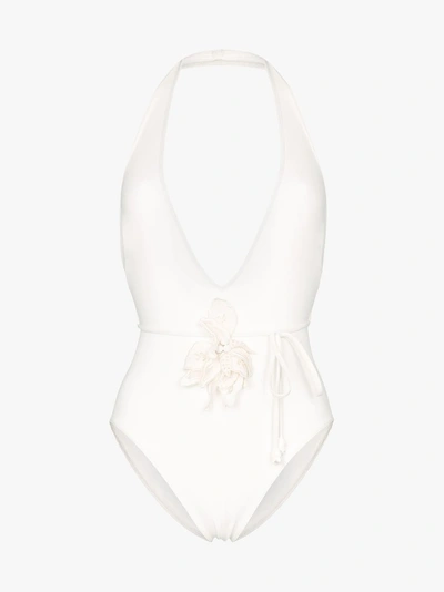 Shop Zimmermann Corsage Embellished Plunge Swimsuit In 114 - White