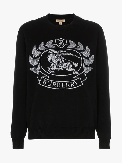 Shop Burberry Crest Merino Wool Blend Jacquard Sweater In 1003 Black