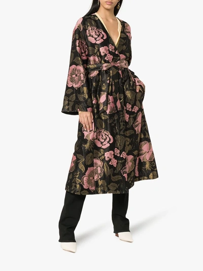 Shop Etro Long Floral Belted Jacquard Coat In Black