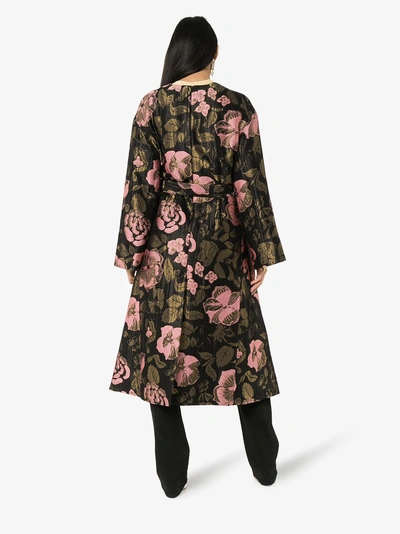 Shop Etro Long Floral Belted Jacquard Coat In Black