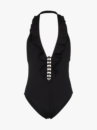 Shop Zimmermann Juniper Halter Tie Button Detailed Swimsuit In Black