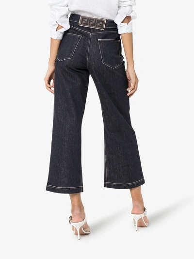 Shop Fendi Cropped Wide Leg Logo Detail Jeans In Blue