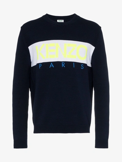 Shop Kenzo Logo Intarsia Knitted Cotton Blend Jumper In Blue