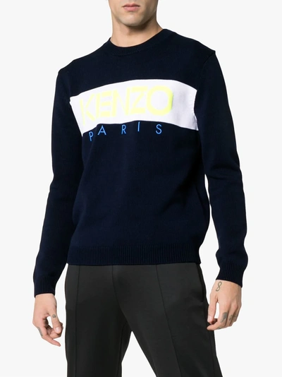 Shop Kenzo Logo Intarsia Knitted Cotton Blend Jumper In Blue