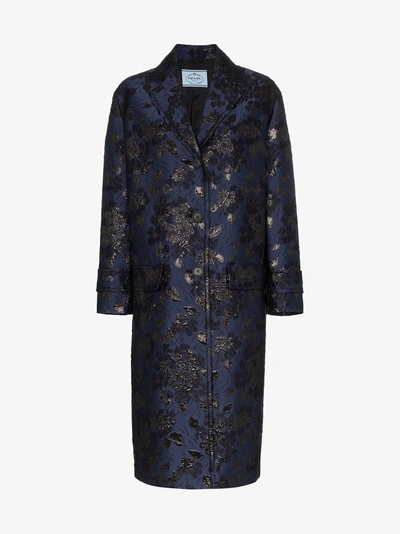 Shop Prada Metallic Floral Print Single-breasted Coat In F0124 Navy