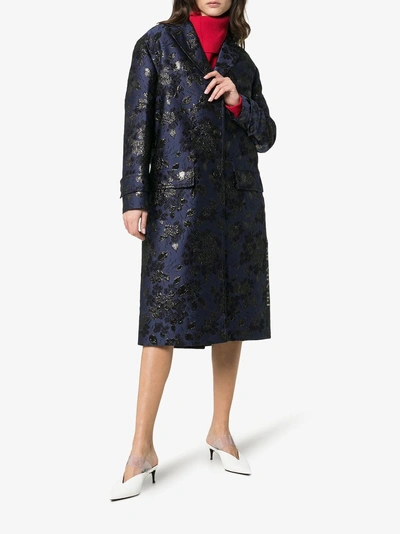 Shop Prada Metallic Floral Print Single-breasted Coat In F0124 Navy