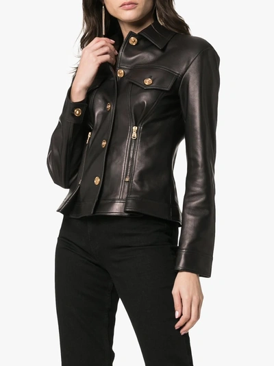 Shop Versace Leather Button Down Zip Detail Jacket In A1008  Black