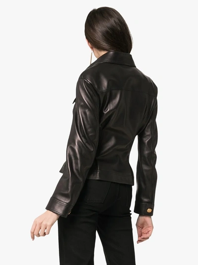 Shop Versace Leather Button Down Zip Detail Jacket In A1008  Black