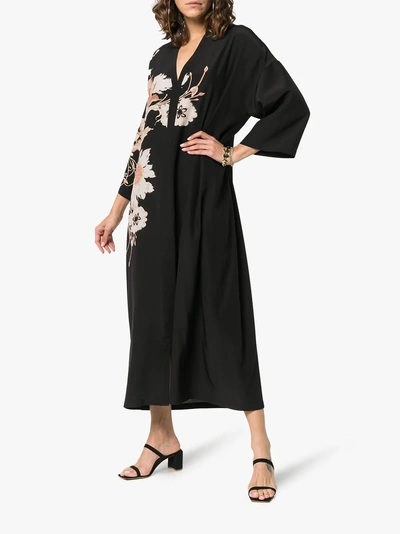 Shop Etro V-neck Floral Print Silk Kaftan Dress In 1 Black