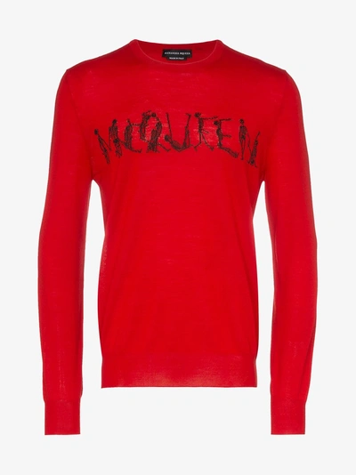 Shop Alexander Mcqueen Dancing Skeleton Logo Text Wool Jumper In 6530 Red