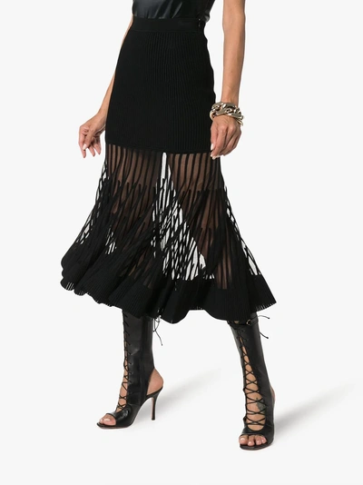 Shop Alexander Mcqueen Mesh Panel Ribbed Knit Midi Skirt In Black