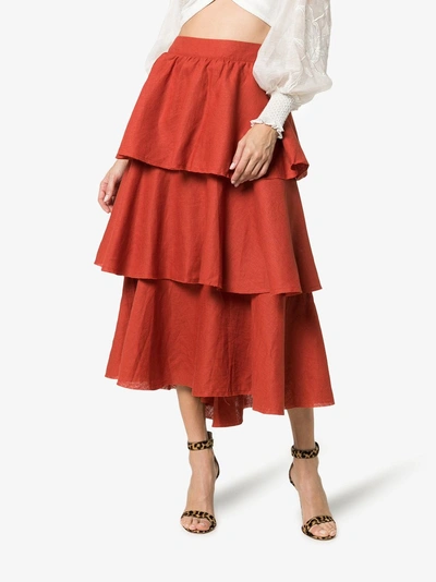 Shop Johanna Ortiz Exotic Destination Tiered Linen Skirt In Rust
