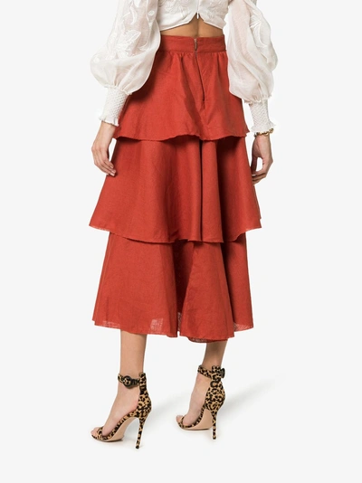 Shop Johanna Ortiz Exotic Destination Tiered Linen Skirt In Rust