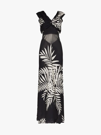 Shop Johanna Ortiz Negra V Neck Palm Print Silk Gown In Black