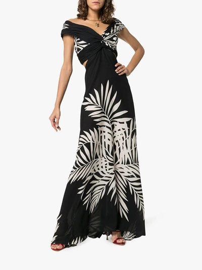 Shop Johanna Ortiz Negra V Neck Palm Print Silk Gown In Black