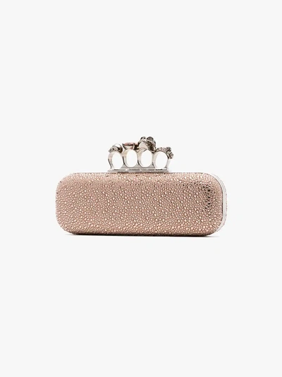 Shop Alexander Mcqueen Pink Crystal Embellished Four Ring Suede Clutch