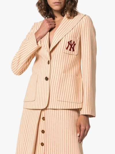 Shop Gucci Silk Wool Jacket With Ny Yankees™ Patch In Neutrals