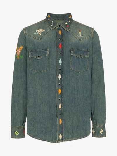 Shop Saint Laurent Embroidered Denim Fitted Shirt In Blue