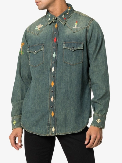 Shop Saint Laurent Embroidered Denim Fitted Shirt In Blue