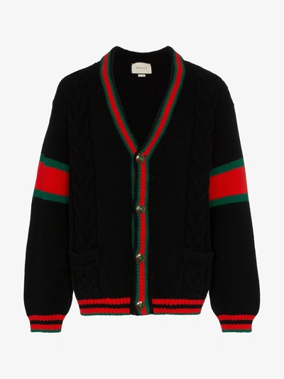 Shop Gucci Oversize Cable Knit Wool Cardigan In 1082 Black