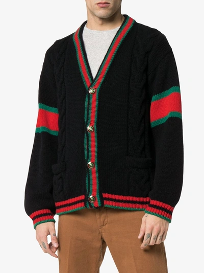 Shop Gucci Oversize Cable Knit Wool Cardigan In 1082 Black