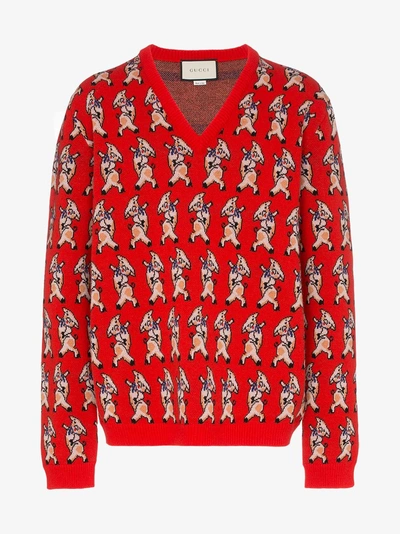 Shop Gucci Wool Pig Print V-neck Sweater In Red
