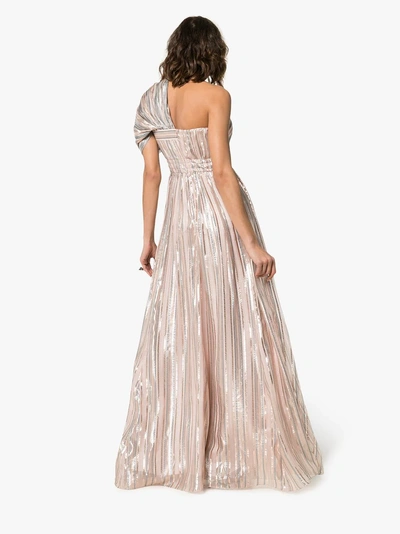 Shop Peter Pilotto Striped One-shoulder Lamé Gown In Silver