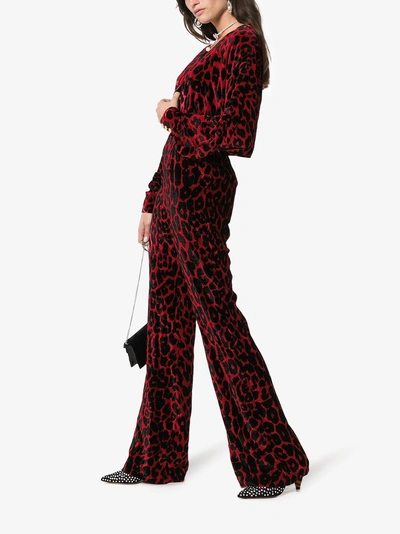 Shop Balmain Leopard Print Wide Leg Velvet Jumpsuit In Black