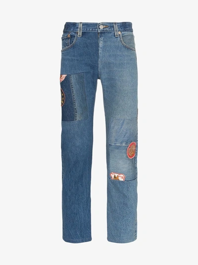 Shop Children Of The Discordance Mid Rise Contrasting Denim Patch Jeans In Blue
