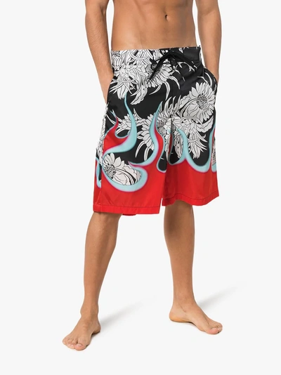 Shop Prada Dahlia Flame Print Swim Shorts In Black