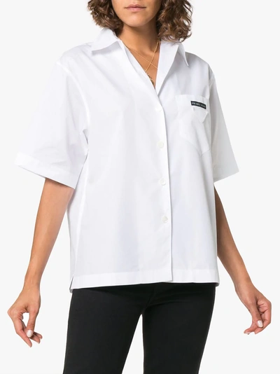 Shop Prada Logo Patch Boxy Cotton Shirt In White